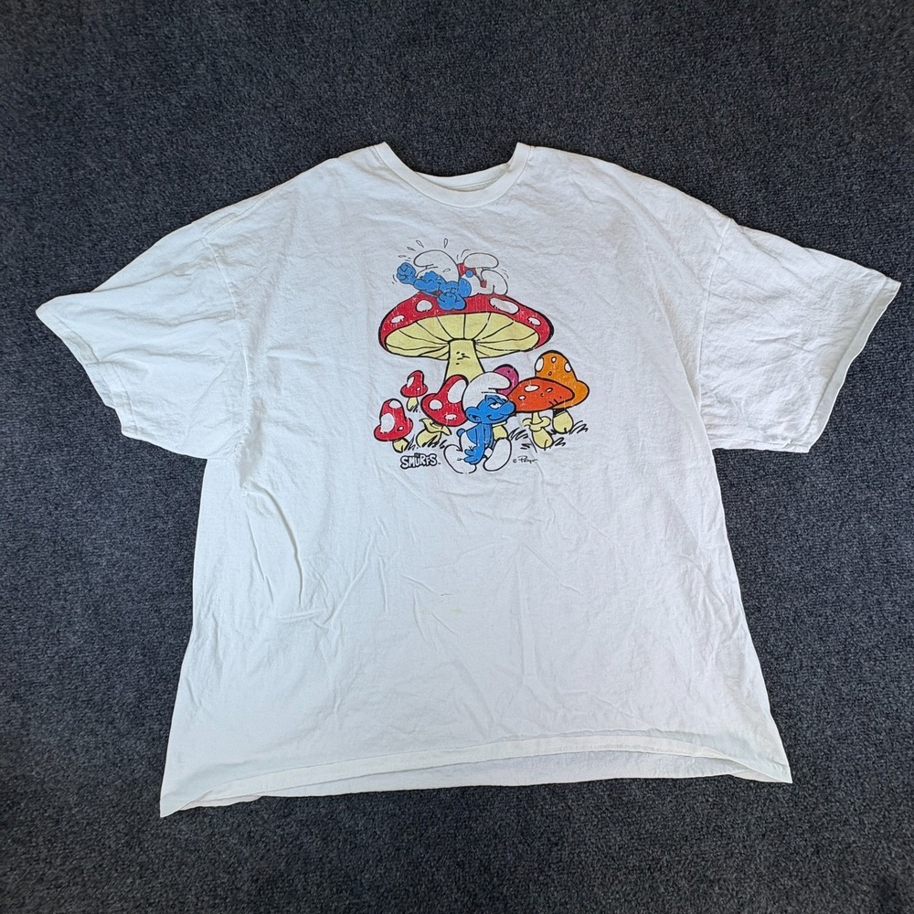 The Smurfs Peyo T-Shirt Mens L White Mushrooms Graphic Cotton Casual Wear
